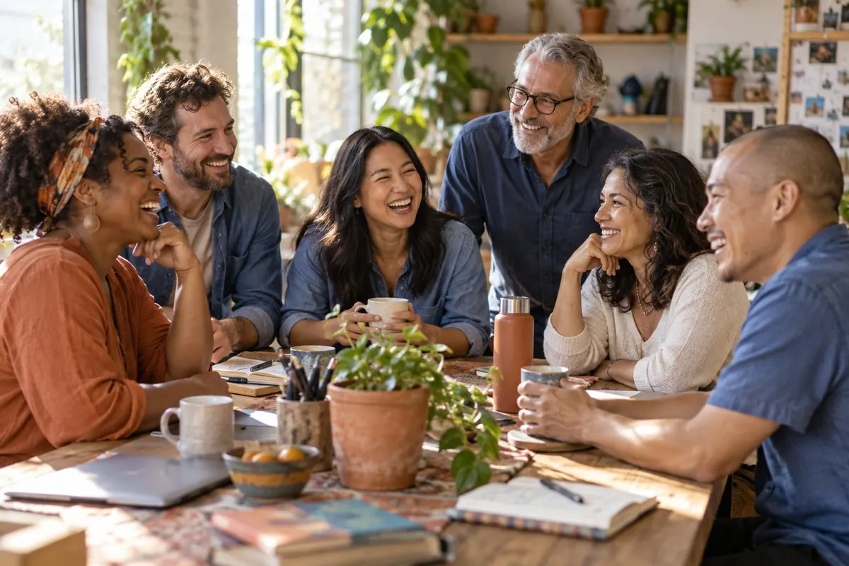Members sharing ideas around a table